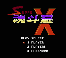 Super Contra X <span class=label>Unlicensed</span> <span title=A trainer  (special code which executes before starting the actual game) has been  added to the ROM. It allows the player to access cheats from a